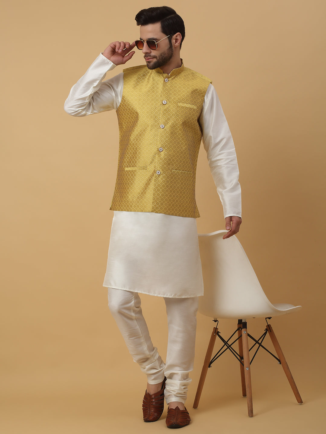 KRAFT INDIA Men's Silk Blend Cream Kurta, Churidar With Silk Blend Geometric Nehru Jacket set