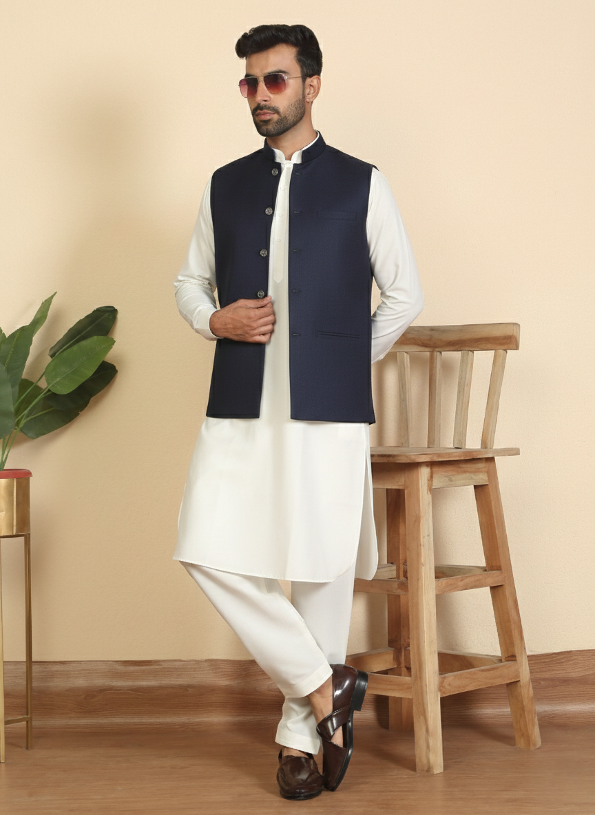 Men Mandarin Collar Pathani Kurta Salwar Set with Solid Twill Nehru Jacket