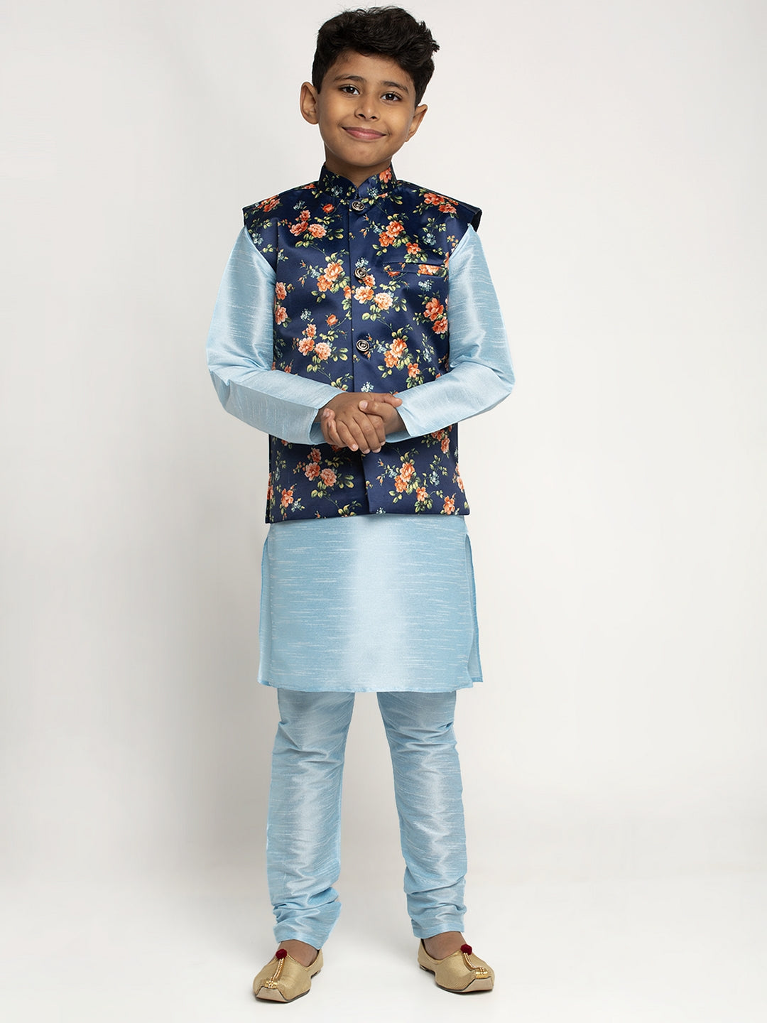 KRAFT INDIA Boys Silk Kurta with Churidar & Satin Printed Nehru Jacket Set (Skyblue)