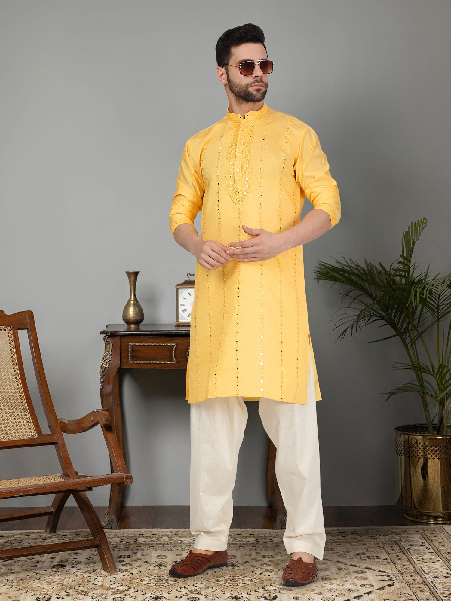 LUXE- Cotton Silk Mirror Work Yoke design Long Sleeve Kurta with Elastic Waistband Beige Salwar