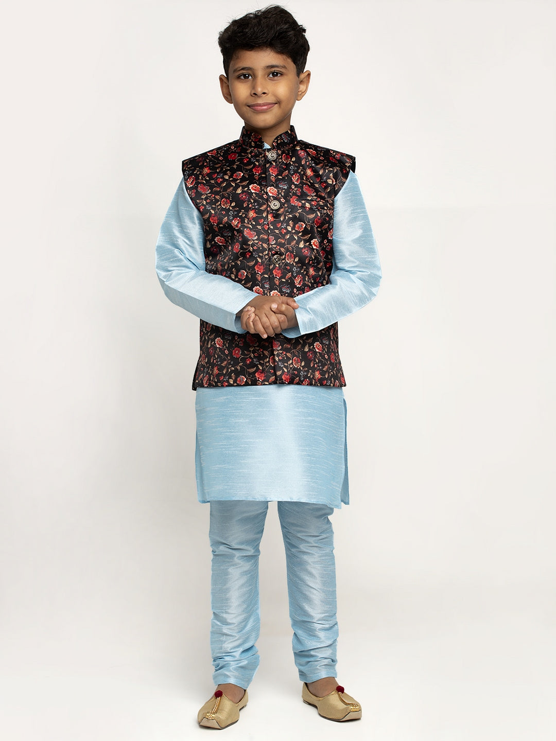 KRAFT INDIA Boys Silk Kurta with Churidar & Satin Printed Nehru Jacket Set (Skyblue)