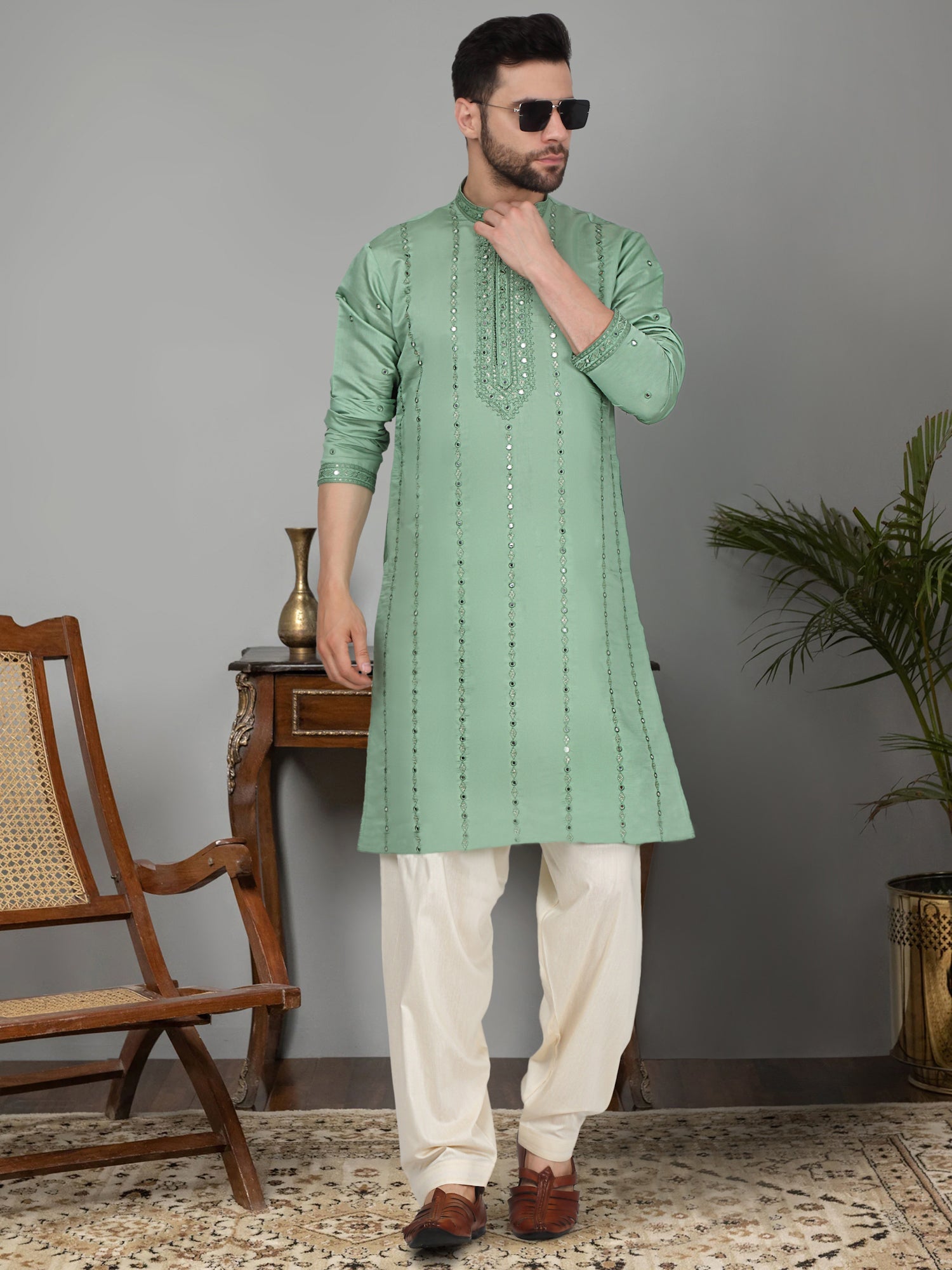 LUXE- Cotton Silk Mirror Work Yoke design Long Sleeve Kurta with Elastic Waistband Beige Salwar