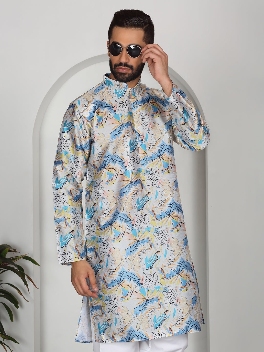 Silk Blend Floral Printed Straight Kurta