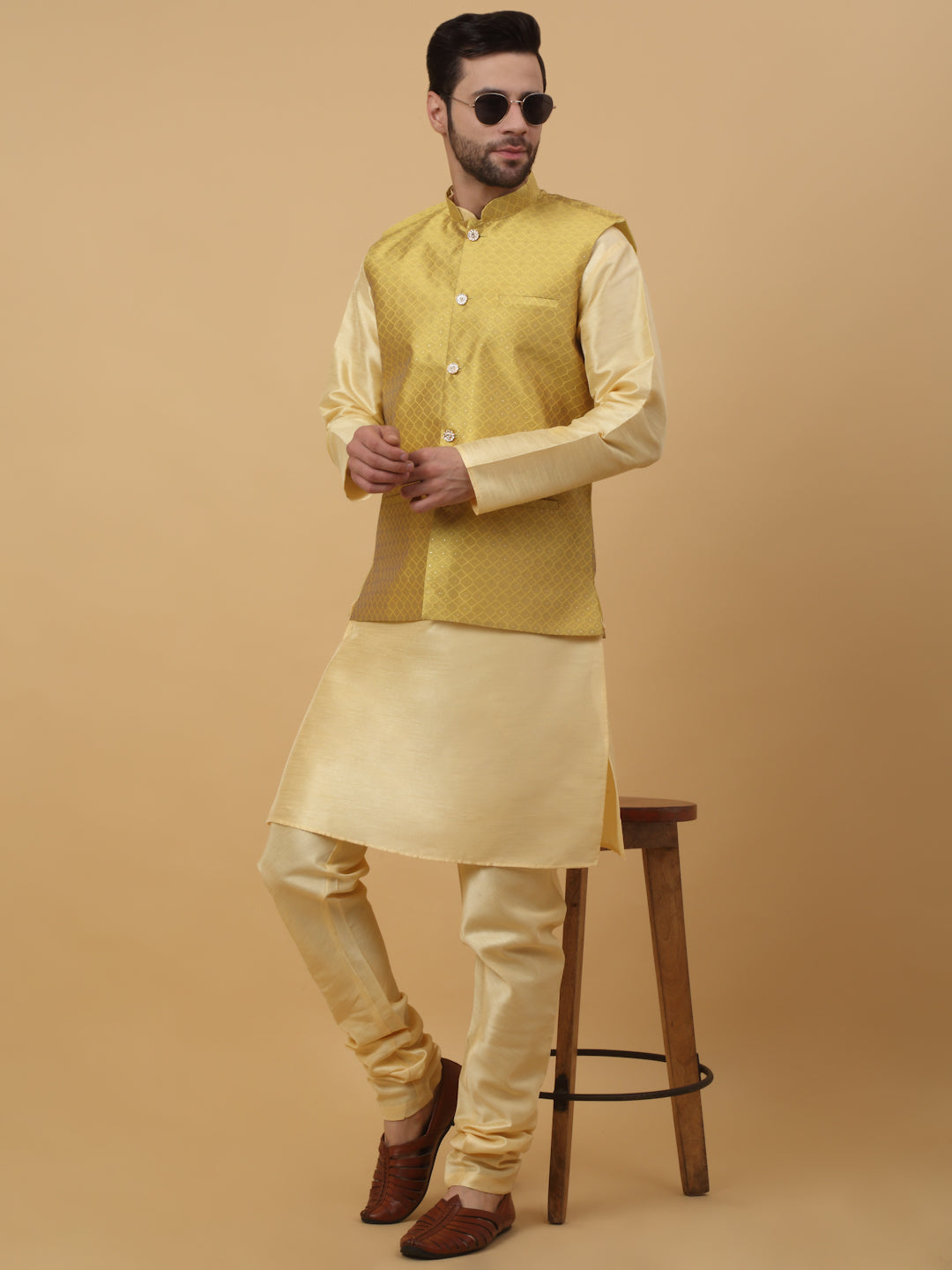 KRAFT INDIA Men's Silk Blend Beige Kurta, Churidar With Silk Blend Geometric Nehru Jacket set