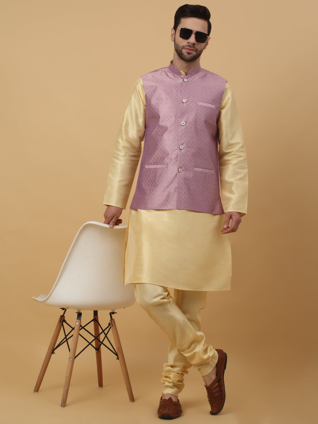 KRAFT INDIA Men's Silk Blend Beige Kurta, Churidar With Silk Blend Geometric Nehru Jacket set