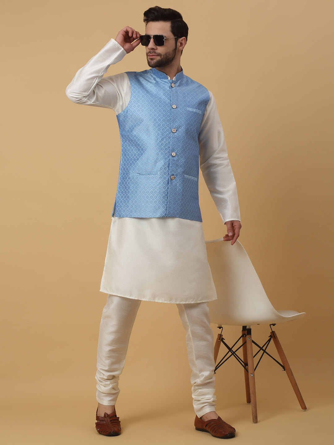 KRAFT INDIA Men's Silk Blend Cream Kurta, Churidar With Silk Blend Geometric Nehru Jacket set