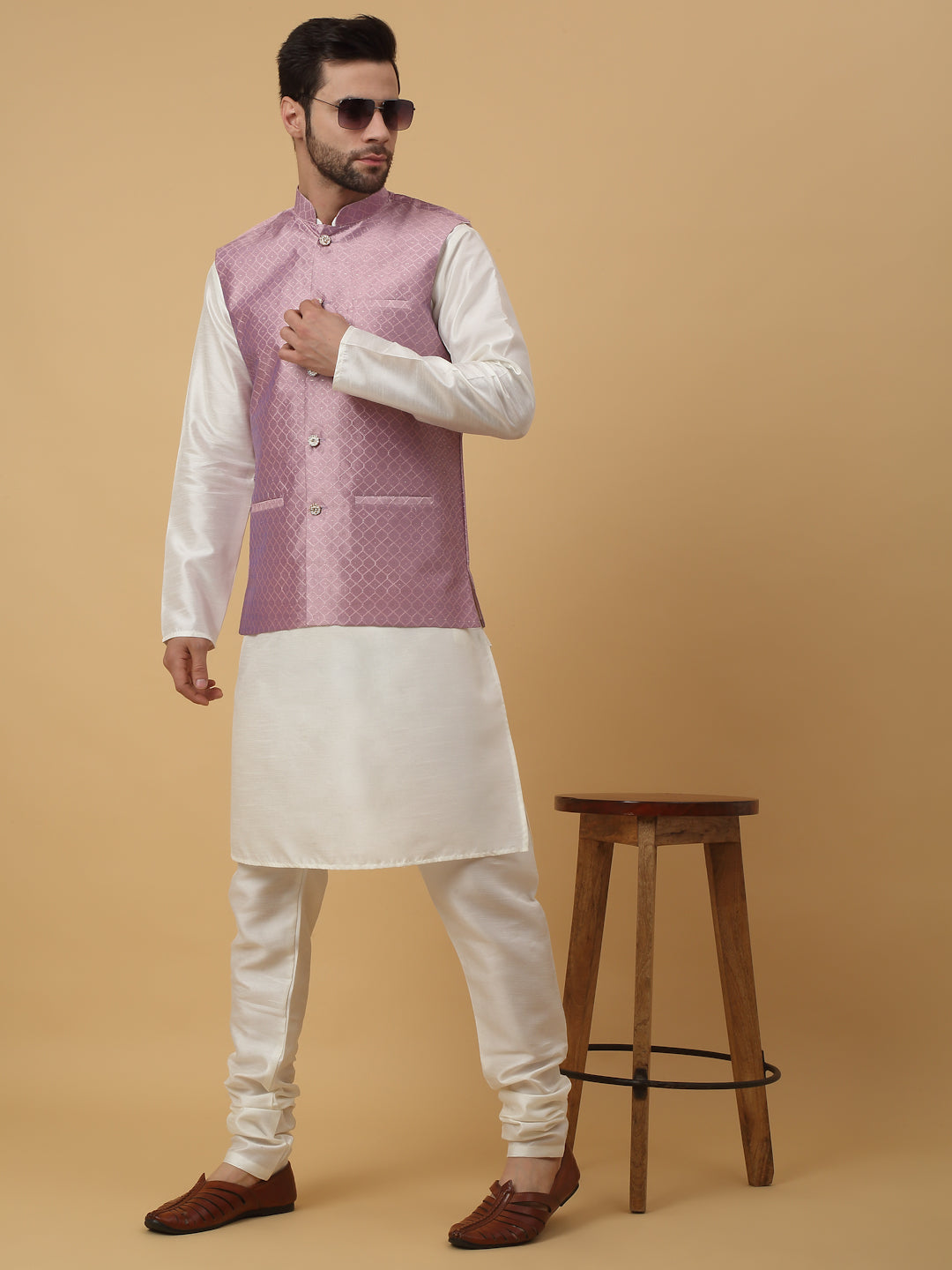 KRAFT INDIA Men's Silk Blend Cream Kurta, Churidar With Silk Blend Geometric Nehru Jacket set