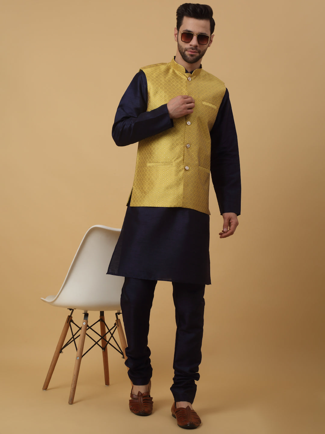KRAFT INDIA Men's Silk Blend Navy Blue Kurta, Churidar With Silk Blend Geometric Nehru Jacket set