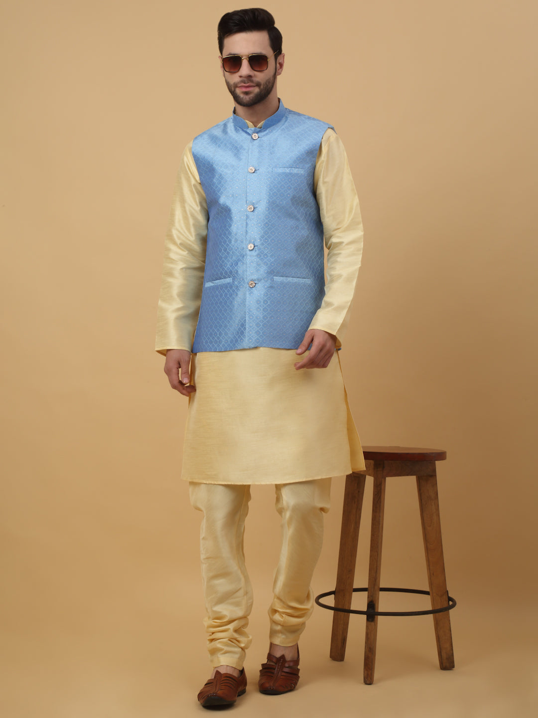 KRAFT INDIA Men's Silk Blend Beige Kurta, Churidar With Silk Blend Geometric Nehru Jacket set