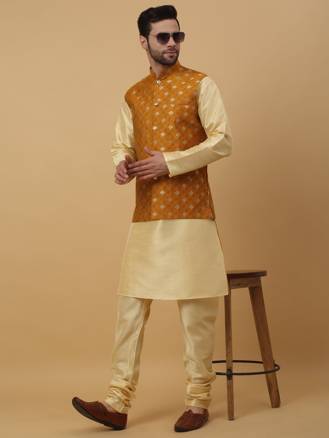 KRAFT INDIA Men's Silk Blend Beige Kurta, Churidar with Jacquard Silk Blend Floral Print Nehru Jacket Set