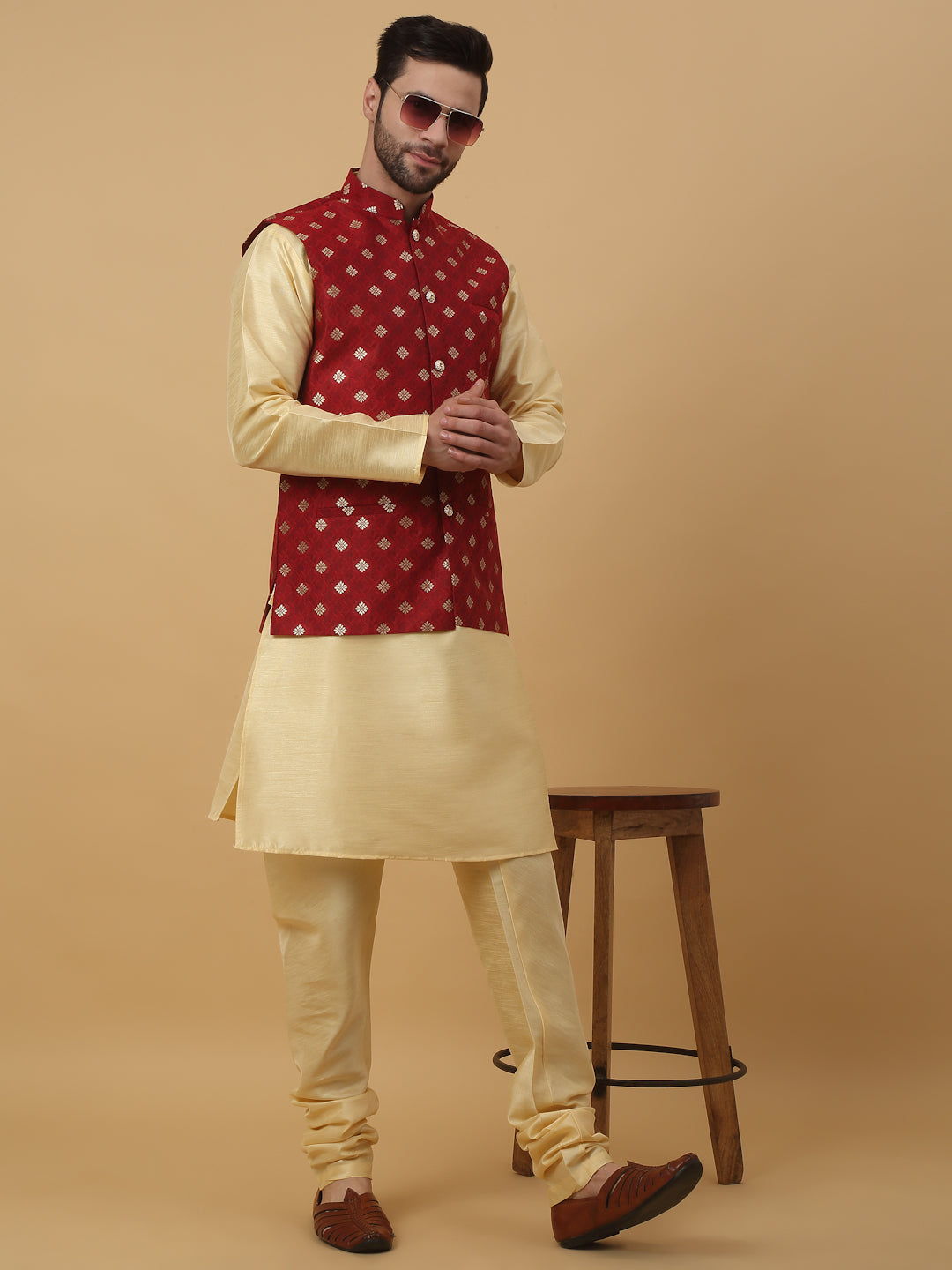 KRAFT INDIA Men's Silk Blend Beige Kurta, Churidar with Jacquard Silk Blend Floral Print Nehru Jacket Set