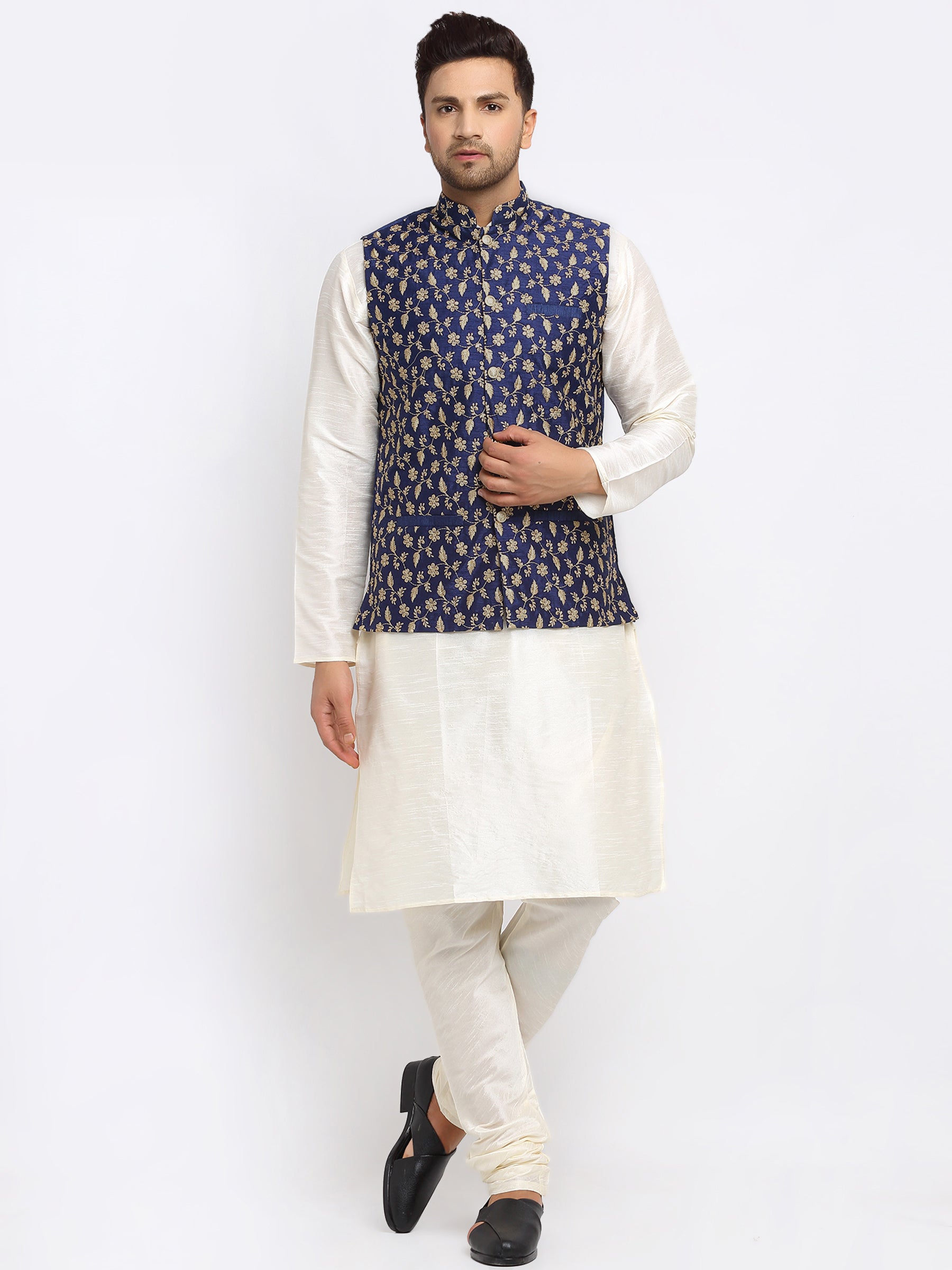 KRAFT INDIA Mens Cream Kurta and churidar with embroided Zari Nehru jacket