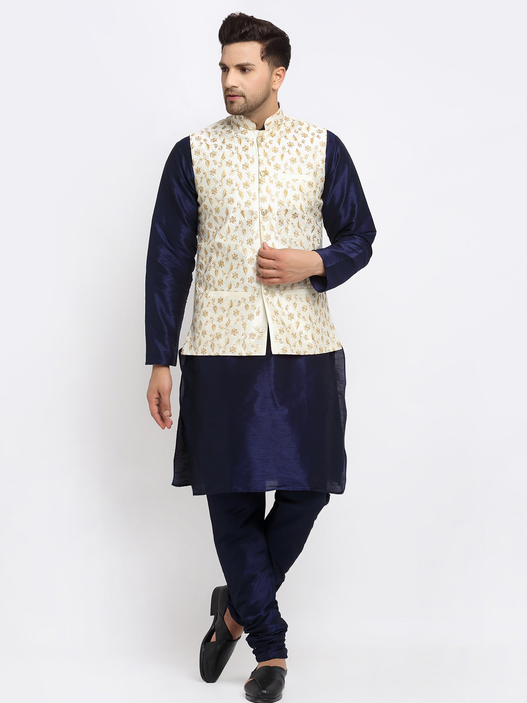 KRAFT INDIA Mens Navy Blue Kurta and churidar with embroided Zari Nehru jacket