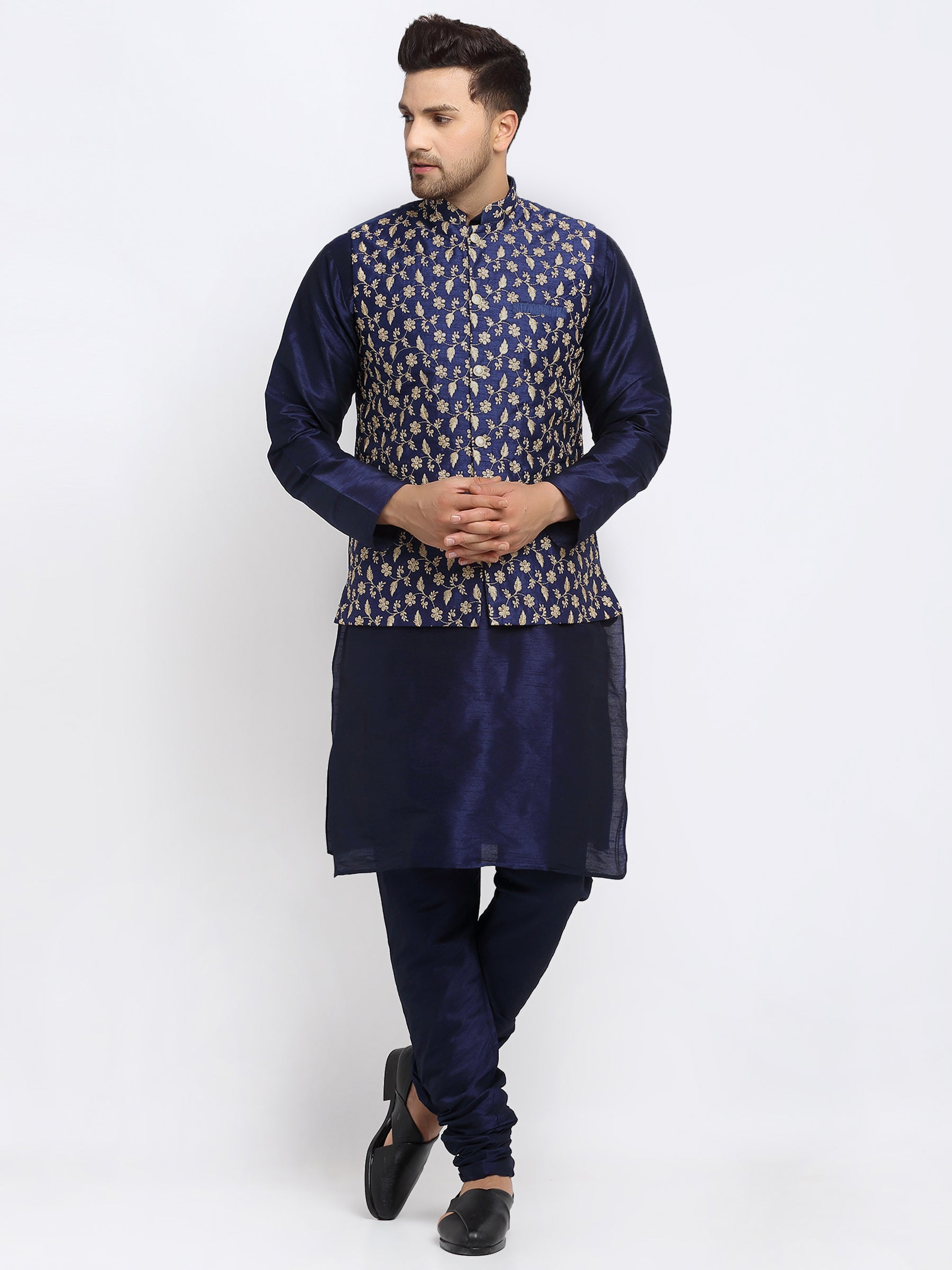 KRAFT INDIA Mens Navy Blue Kurta and churidar with embroided Zari Nehru jacket