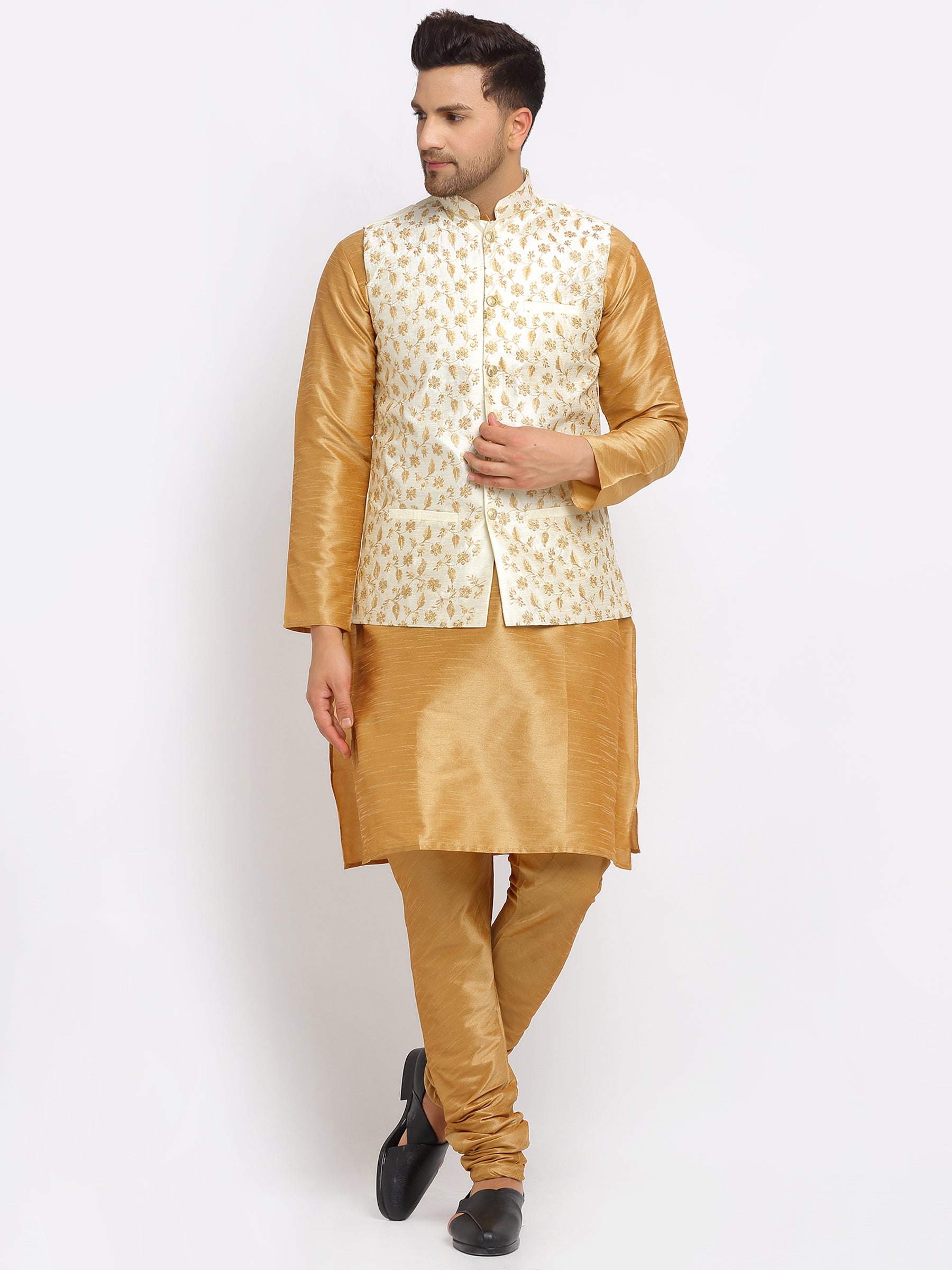 KRAFT INDIA Mens Gold Kurta and churidar with embroided Zari Nehru jacket