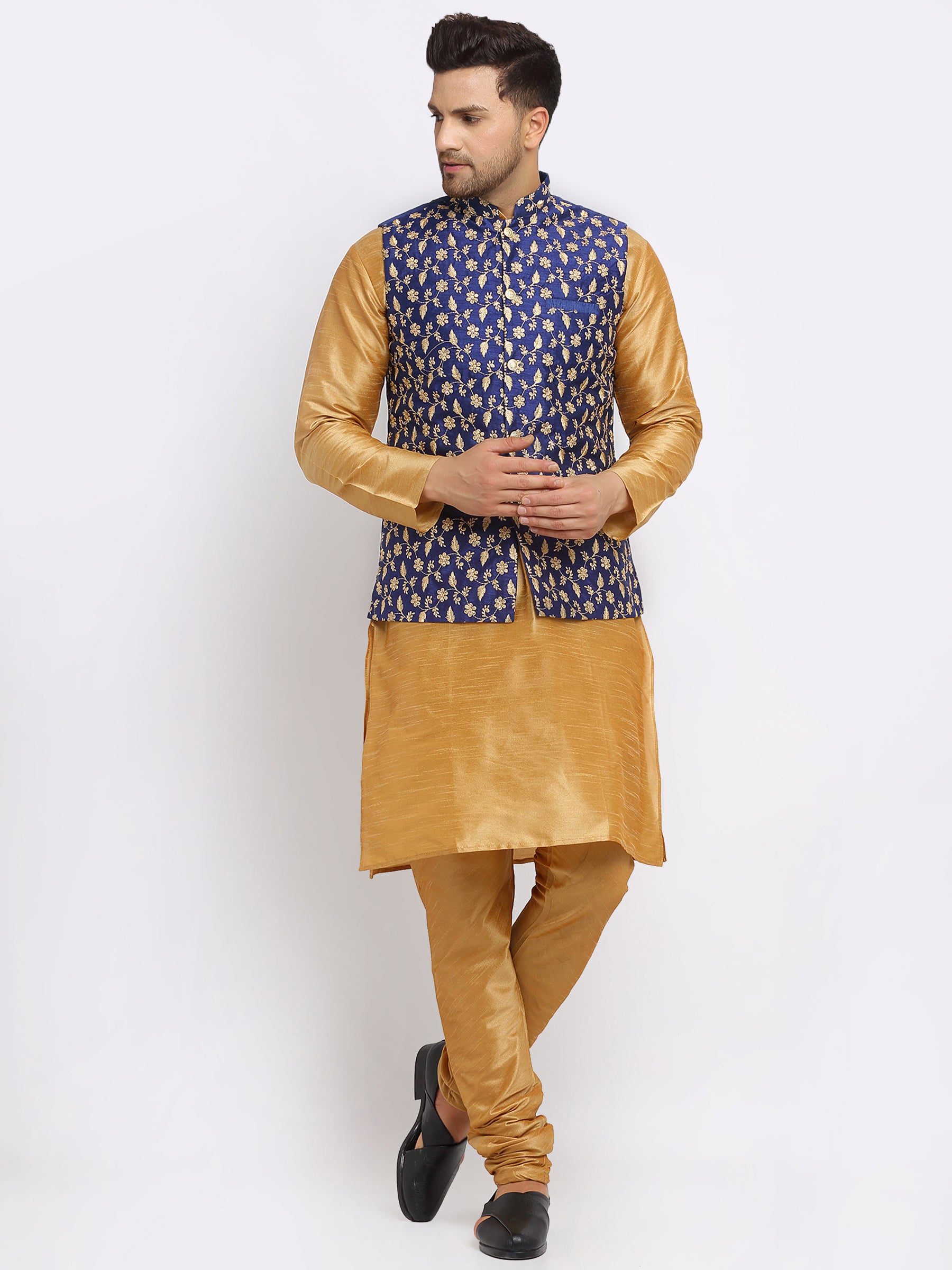 KRAFT INDIA Mens Gold Kurta and churidar with embroided Zari Nehru jacket