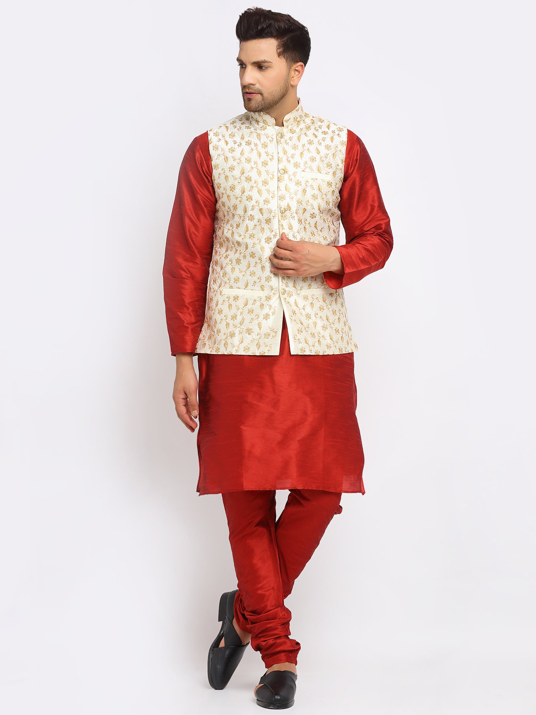 KRAFT INDIA Mens Maroon Kurta and churidar with embroided Zari Nehru jacket