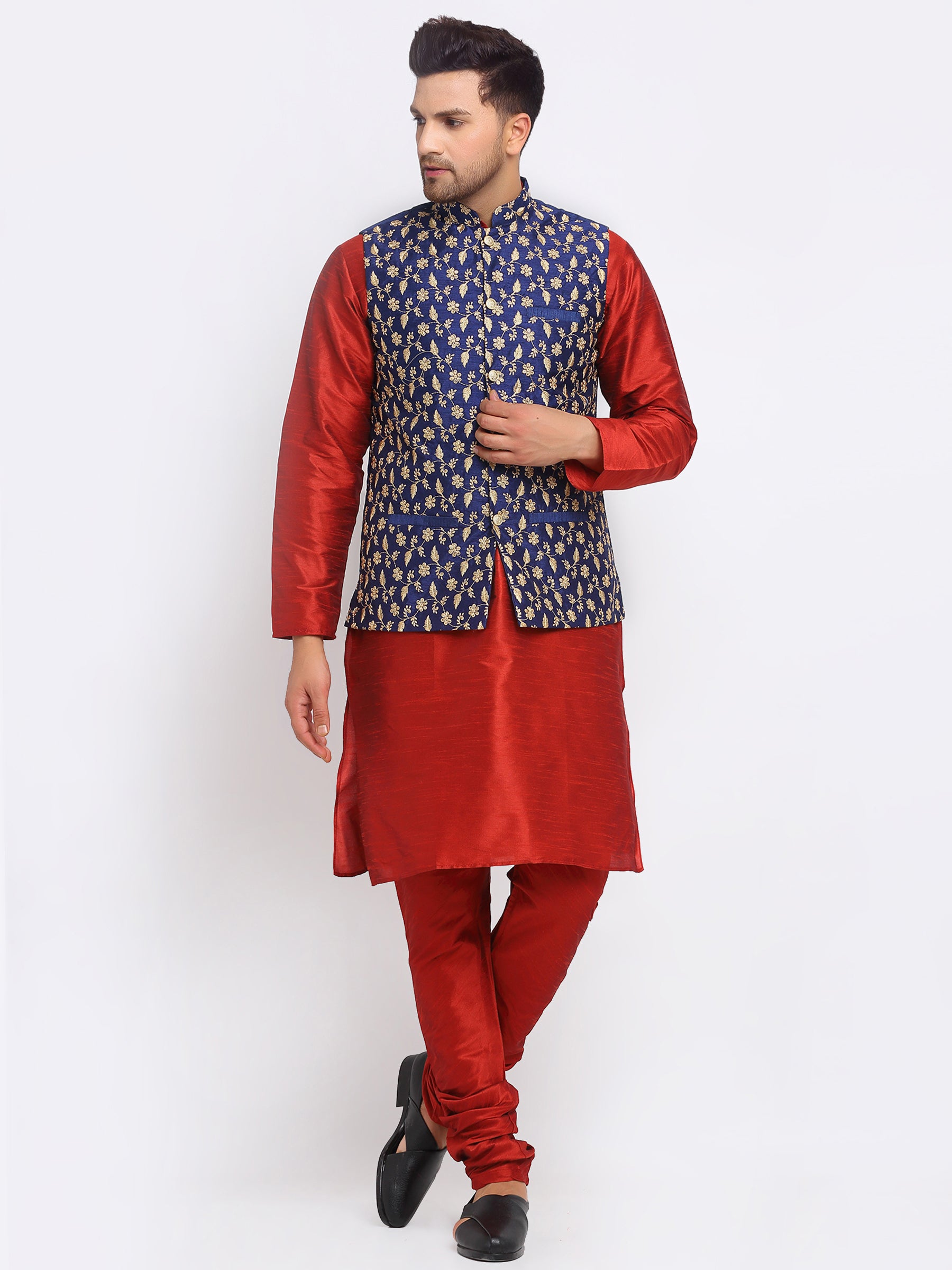 KRAFT INDIA Mens Maroon Kurta and churidar with embroided Zari Nehru jacket