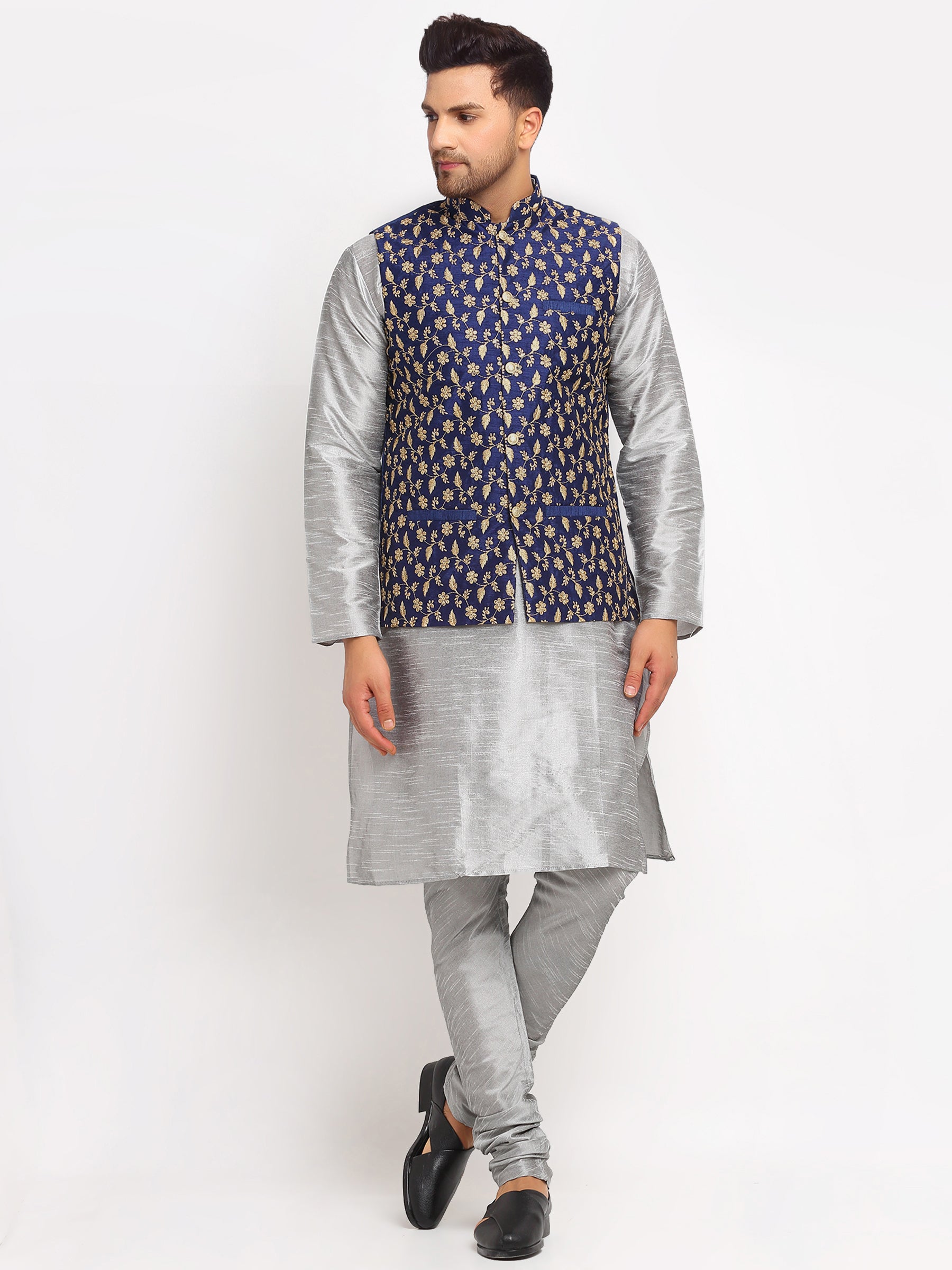 KRAFT INDIA Mens Silver Kurta and churidar with Navy Blue embroided Zari Nehru jacket