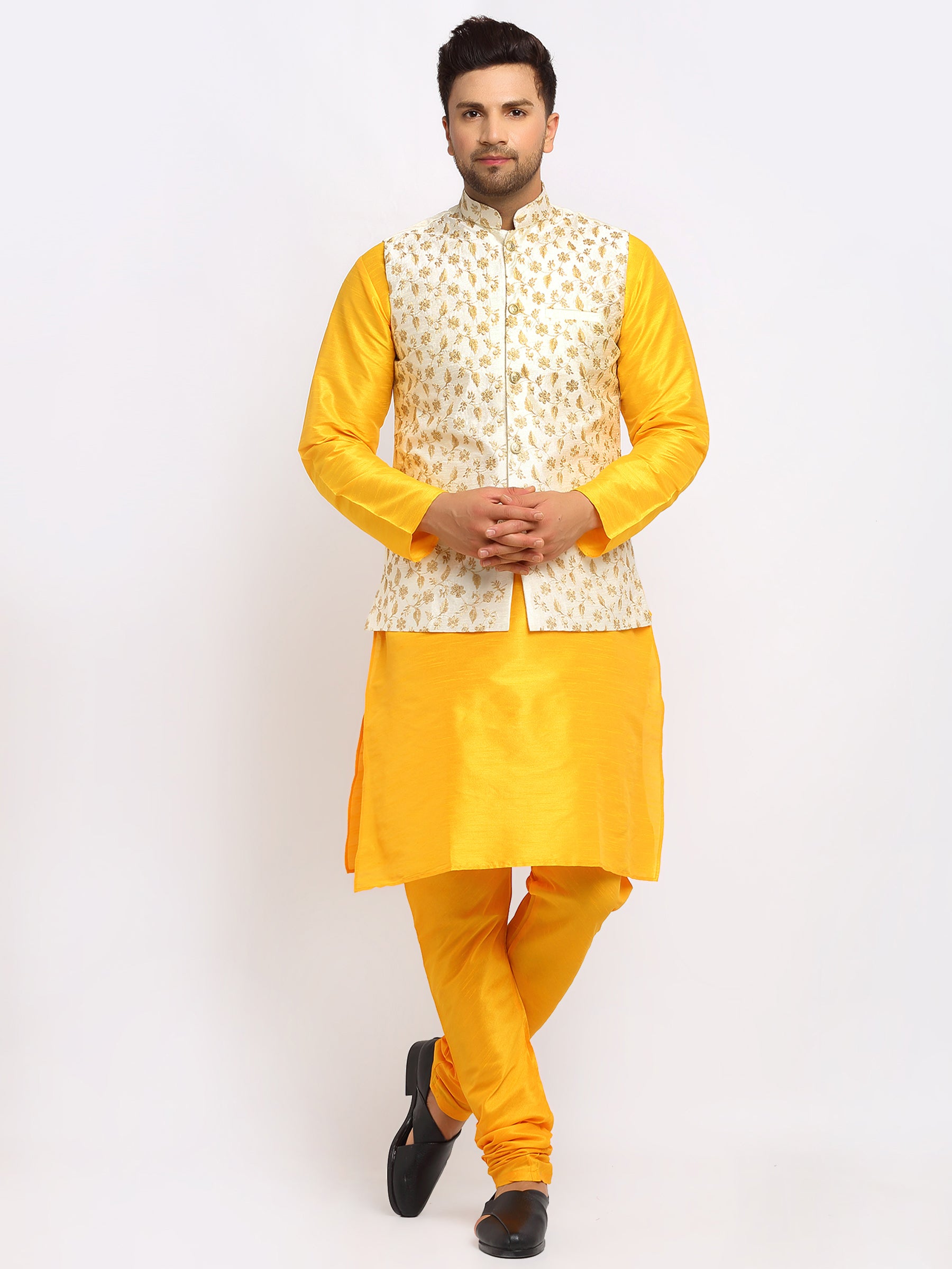 KRAFT INDIA Mens Mustard Kurta and churidar with embroided Zari Nehru jacket