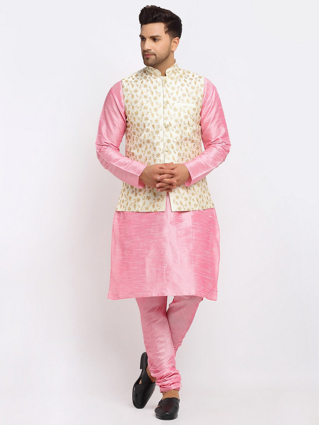 KRAFT INDIA Mens Pink Kurta and churidar with embroided Zari Nehru jacket