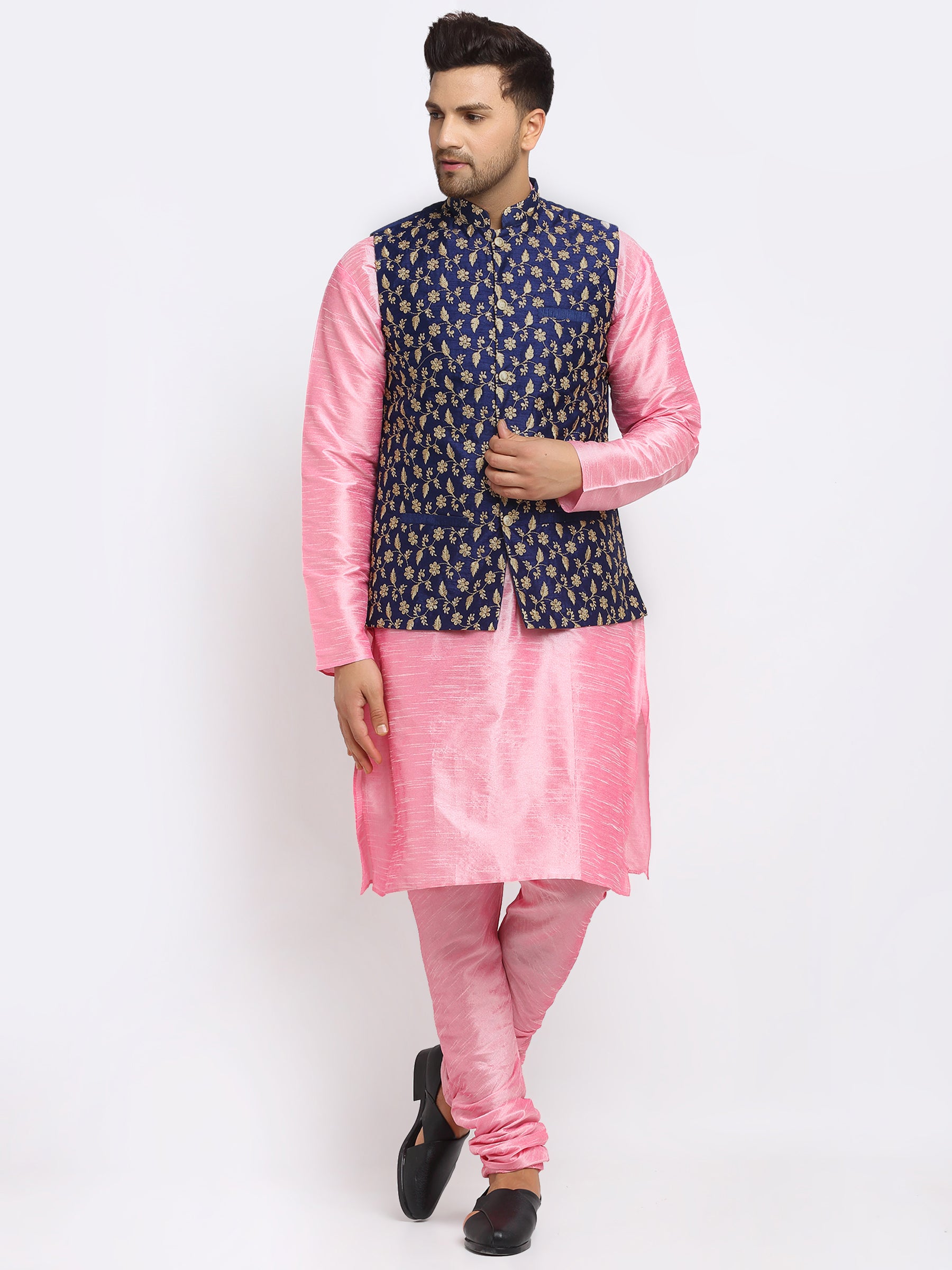 KRAFT INDIA Mens Pink Kurta and churidar with embroided Zari Nehru jacket