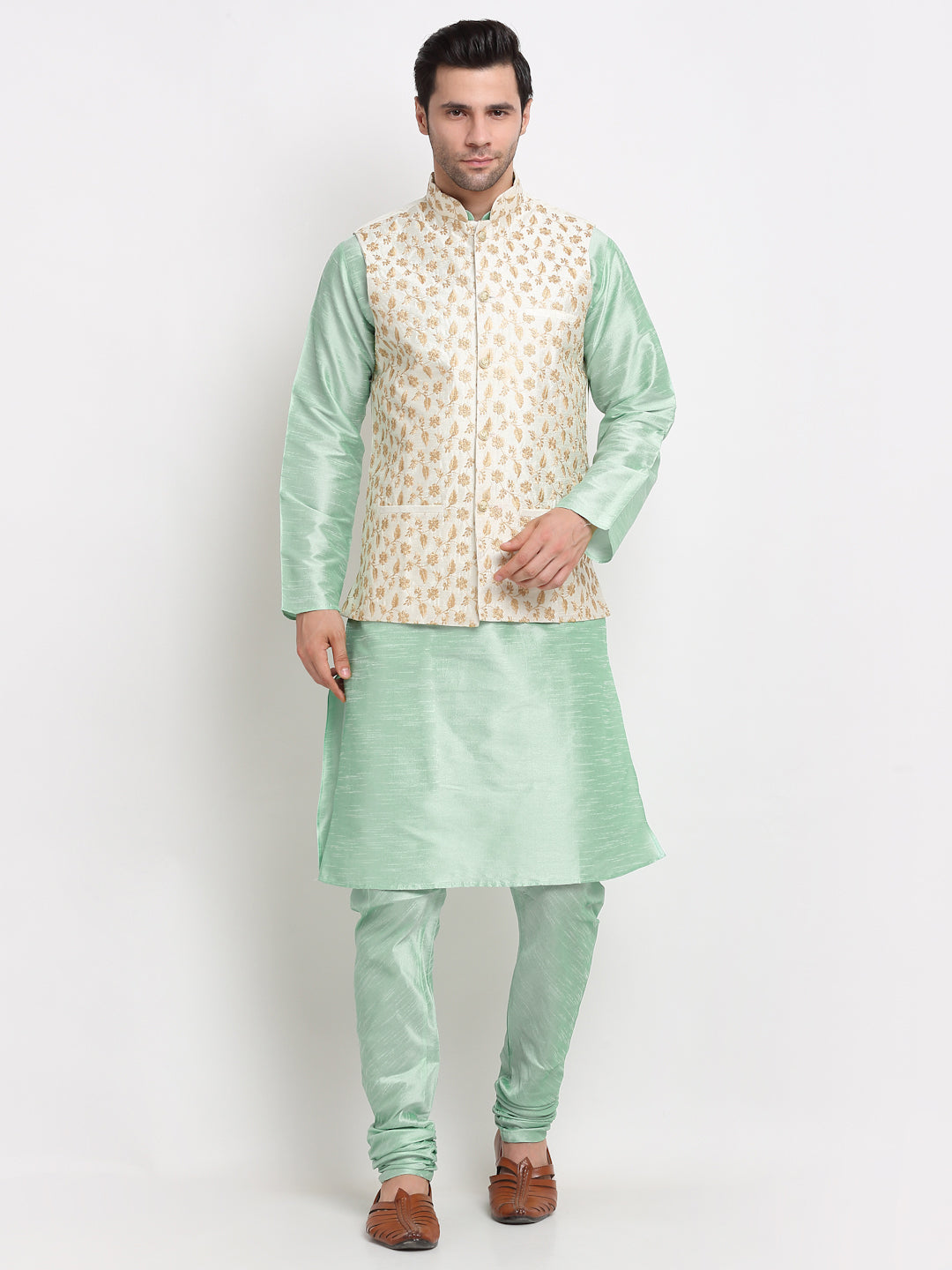 KRAFT INDIA Men's Sea Green Kurta and Churidar with Embroidered Zari Cream Nehru Jacket
