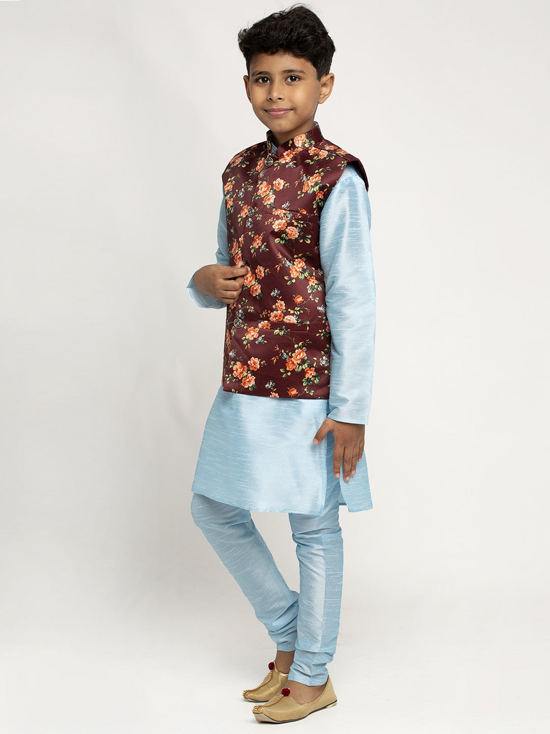 KRAFT INDIA Boys Silk Kurta with Churidar & Satin Printed Nehru Jacket Set (Skyblue)