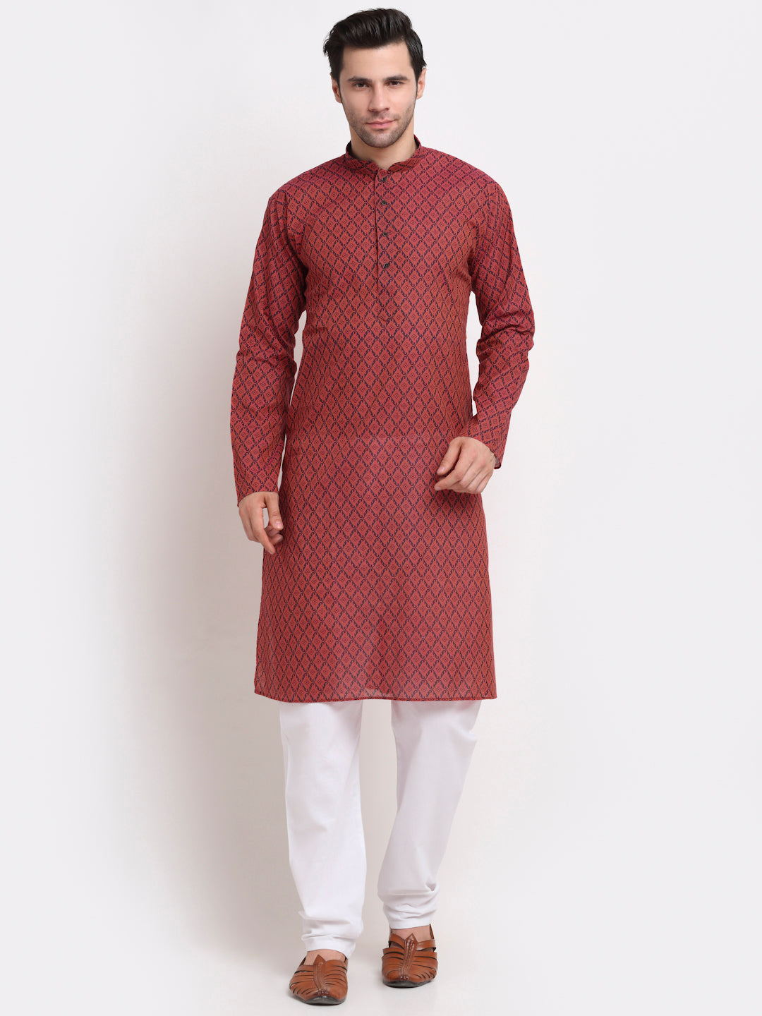 Men's Cotton Blend Red Motifs Printed Kurta Pyjama Set