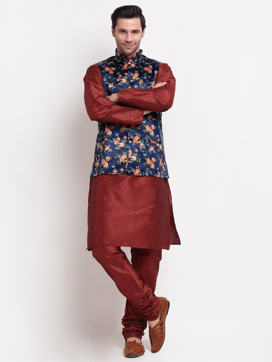 KRAFT INDIA Men Maroon Kurta Churidar with Satin Floral Print Nehru Jacket