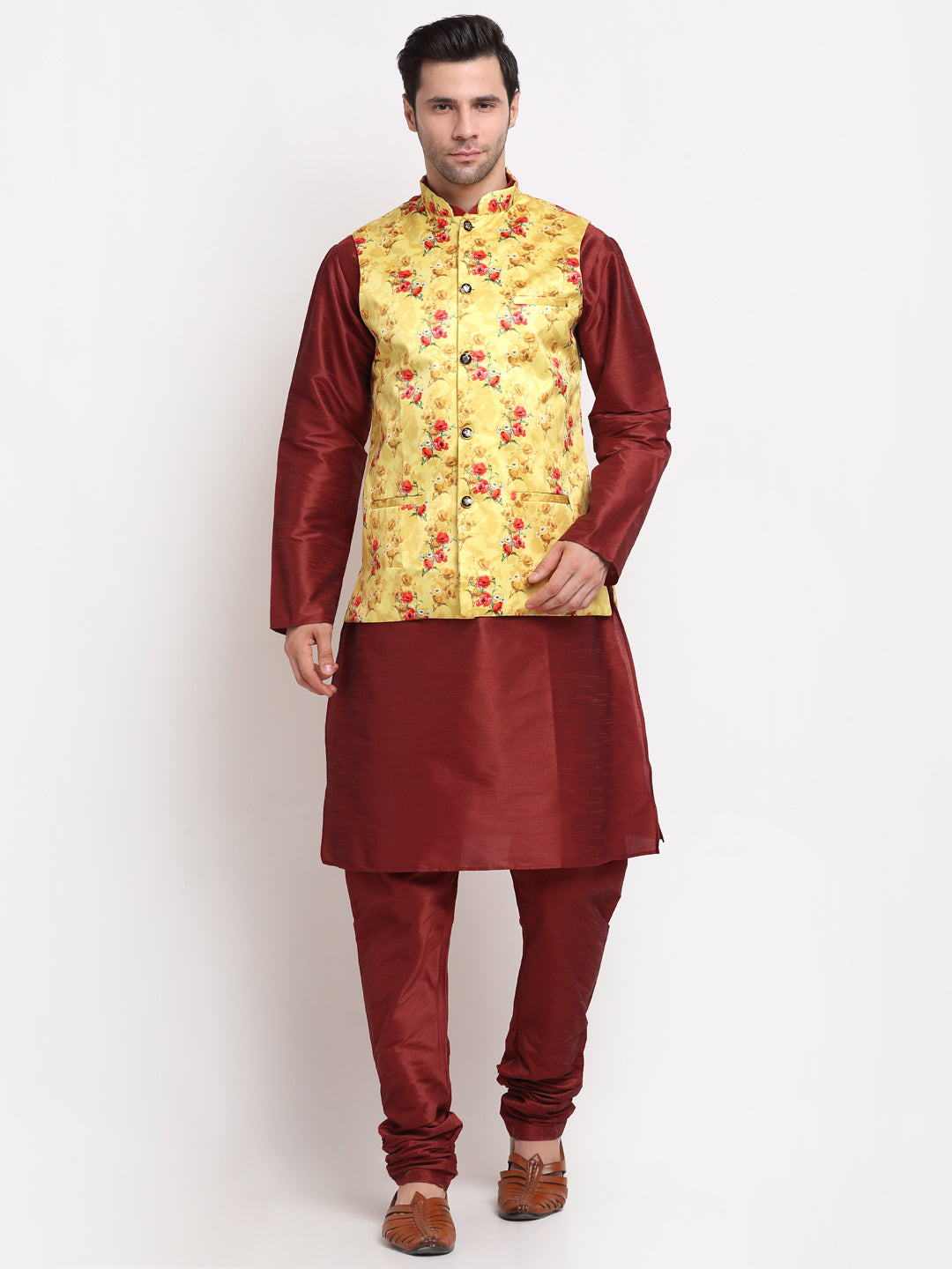 KRAFT INDIA Men Maroon Kurta Churidar with Satin Floral Print Nehru Jacket