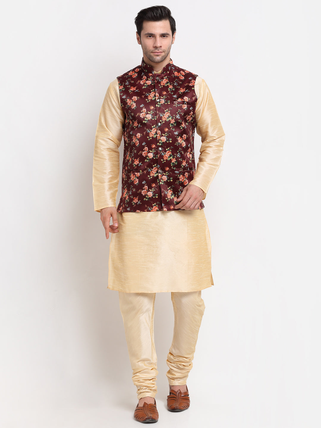 KRAFT INDIA Men Beige Kurta Churidar With Satin Floral Printed Nehru Jacket