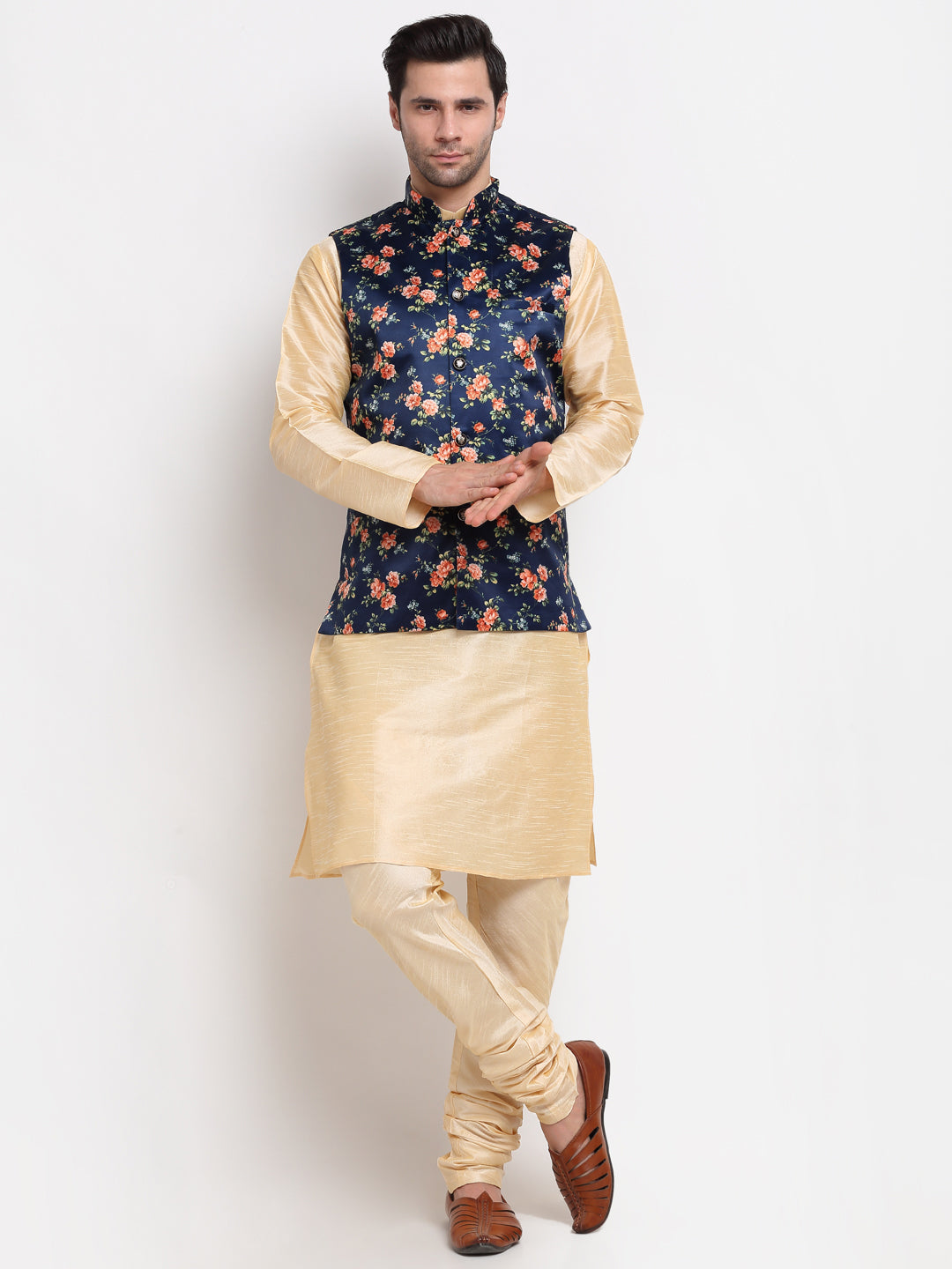 KRAFT INDIA Men Beige Kurta Churidar With Satin Floral Printed Nehru Jacket