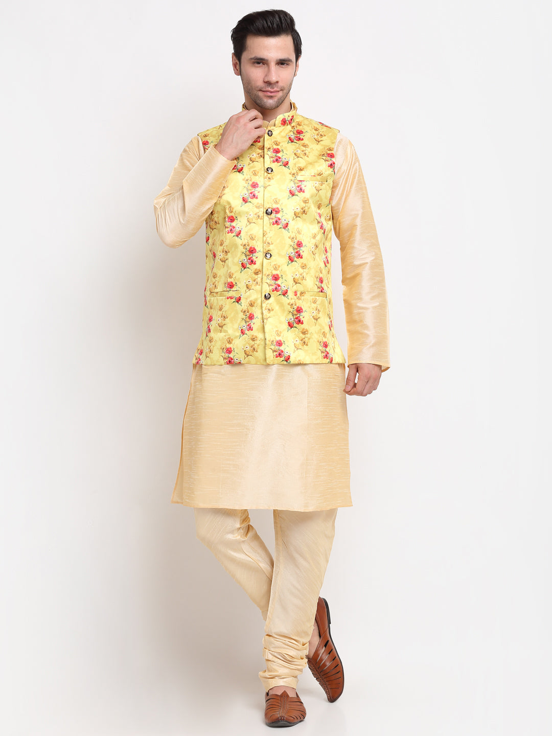 KRAFT INDIA Men Beige Kurta Churidar With Satin Floral Printed Nehru Jacket