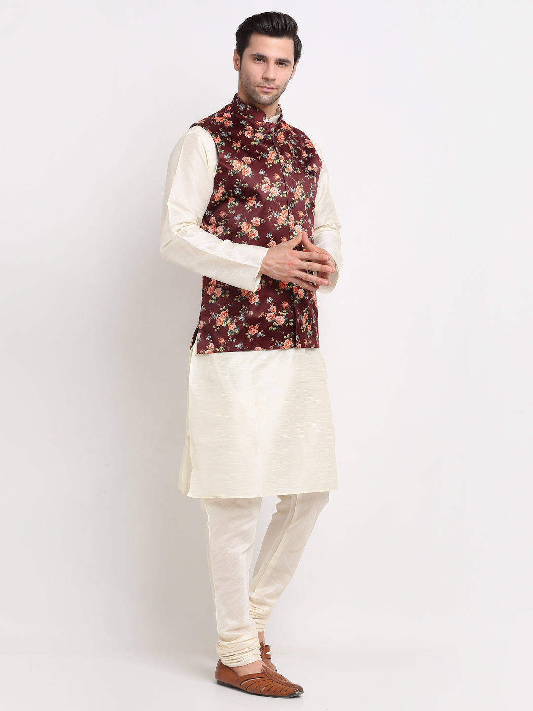 KRAFT INDIA Men Cream Kurta Churidar with Satin Floral Print Nehru Jacket