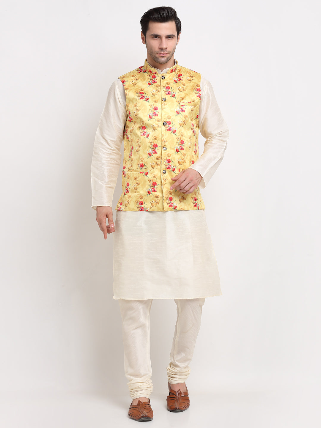 KRAFT INDIA Men Cream Kurta Churidar with Satin Floral Print Nehru Jacket