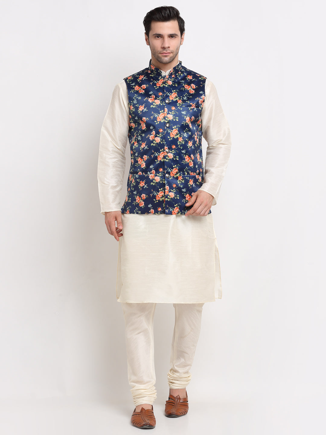 KRAFT INDIA Men Cream Kurta Churidar with Satin Floral Print Nehru Jacket