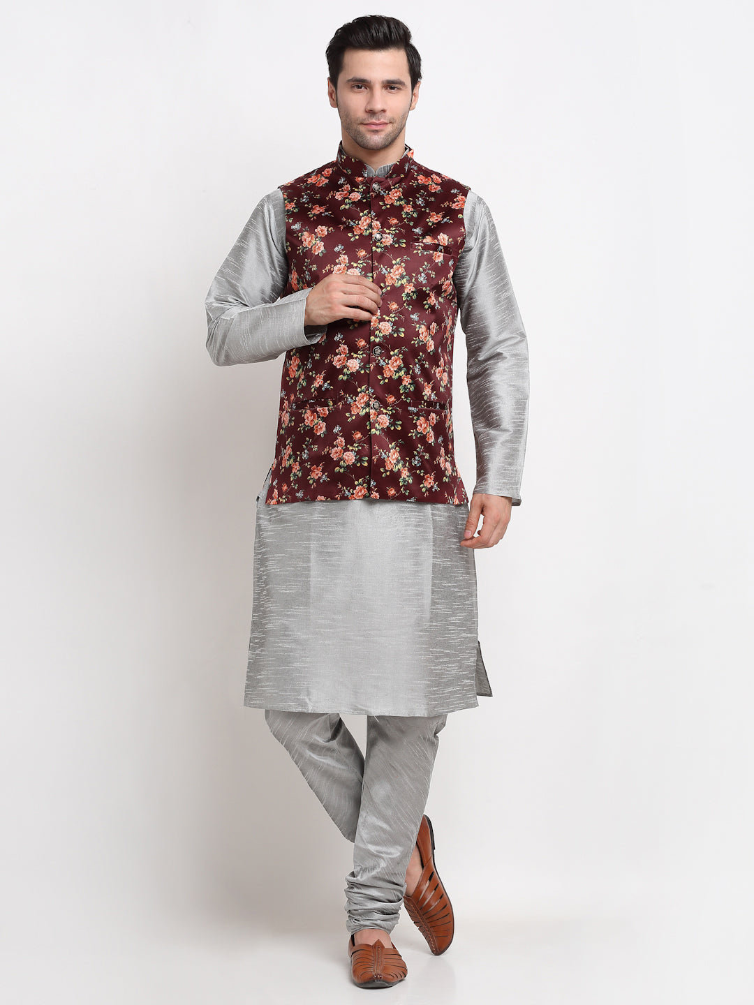 KRAFT INDIA Men Silver Kurta Churidar With Maroon Floral Print Satin Nehru Jacket