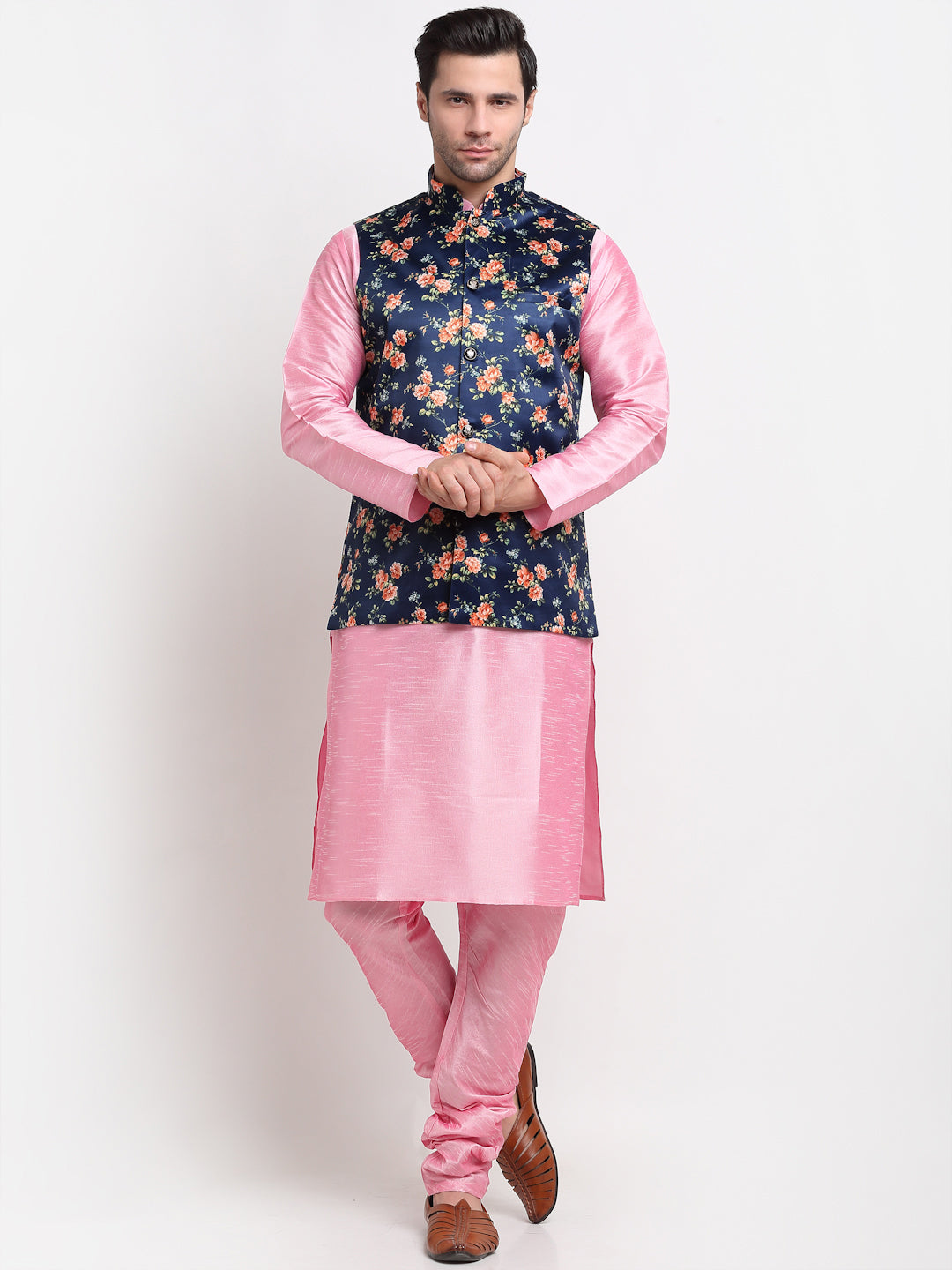KRAFT INDIA Men Pink Kurta Churidar With Maroon Floral Print Satin Nehru Jacket