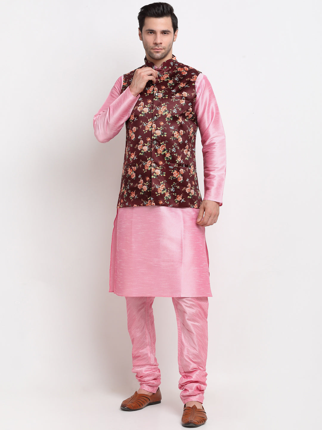 KRAFT INDIA Men Pink Kurta Churidar With Maroon Floral Print Satin Nehru Jacket