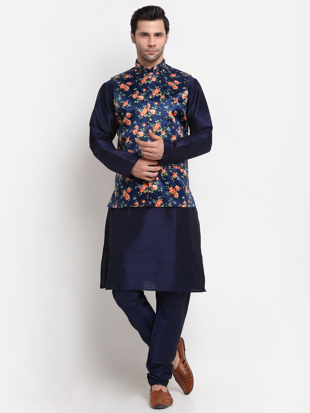 KRAFT INDIA Men Navy Blue Kurta Churidar With Navy Blue Floral Print Satin Nehru Jacket