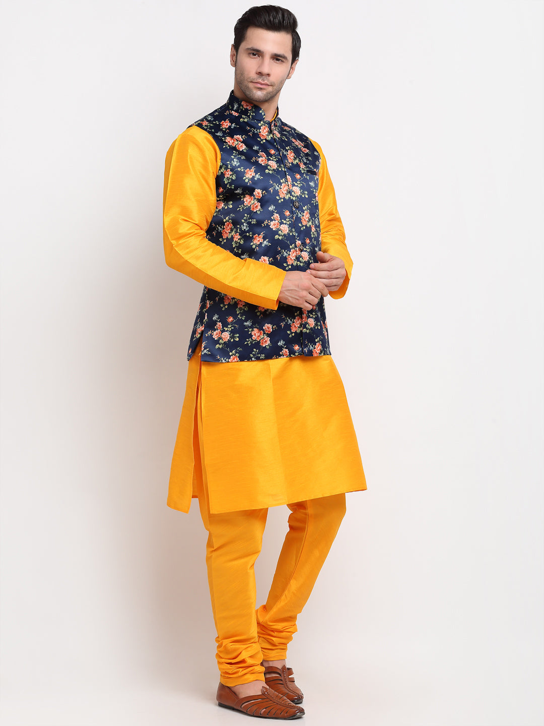 KRAFT INDIA Men Mustard Kurta Churidar With Floral Print Satin Nehru Jacket