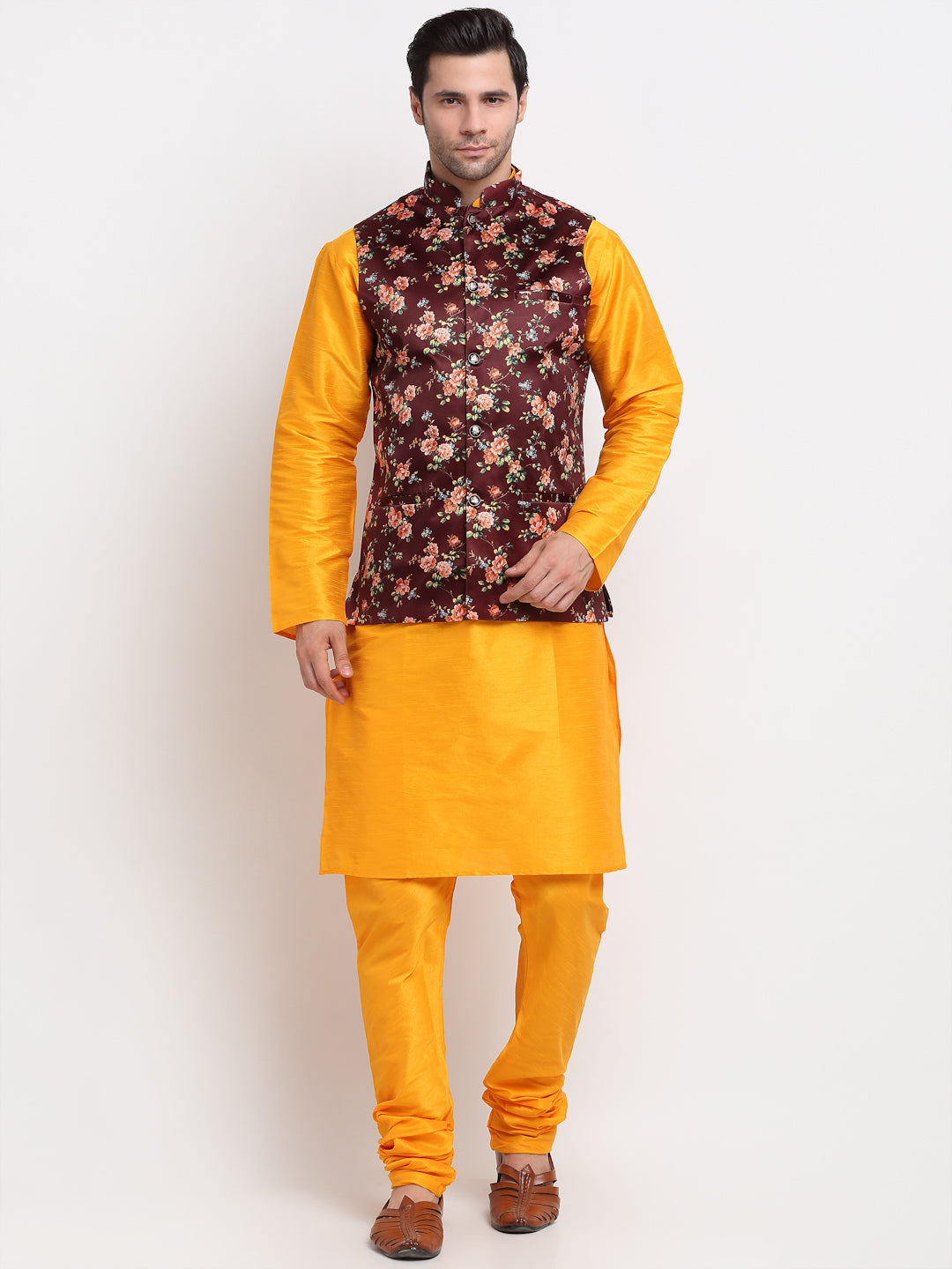 KRAFT INDIA Men Mustard Kurta Churidar With Floral Print Satin Nehru Jacket