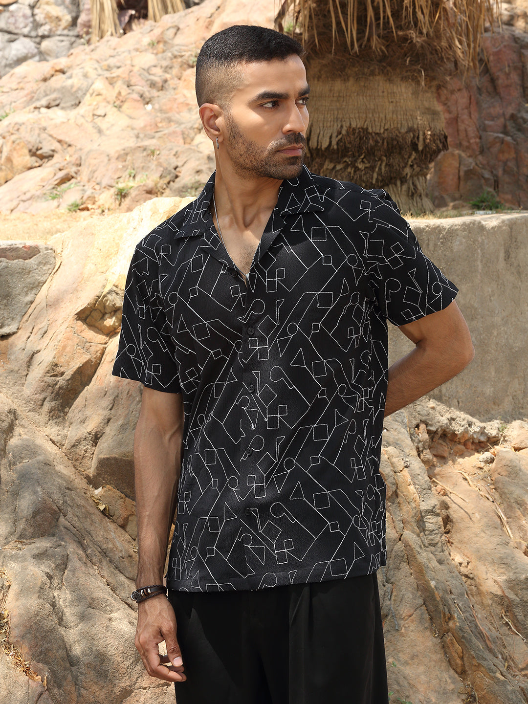 KRAFT INDIA Men Polyster Cuban Collar Geometric Embroidered Casual Shirt