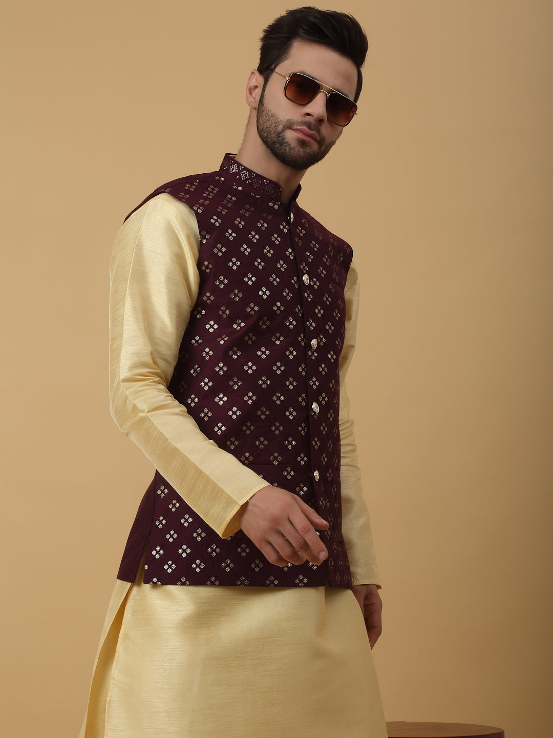 KRAFT INDIA Men's Cotton Silk Sequenced Sleeveless Embroided Floral Nehru Jacket