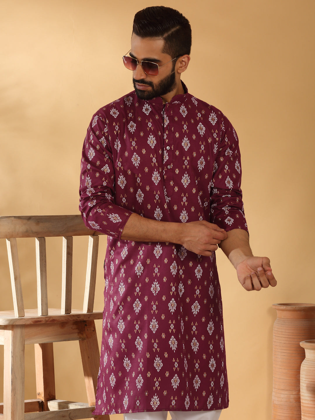 Cotton Blend Geometric Printed Straight Long Regular Kurta
