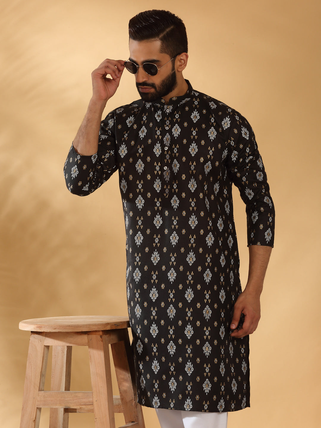Cotton Blend Geometric Printed Straight Long Regular Kurta