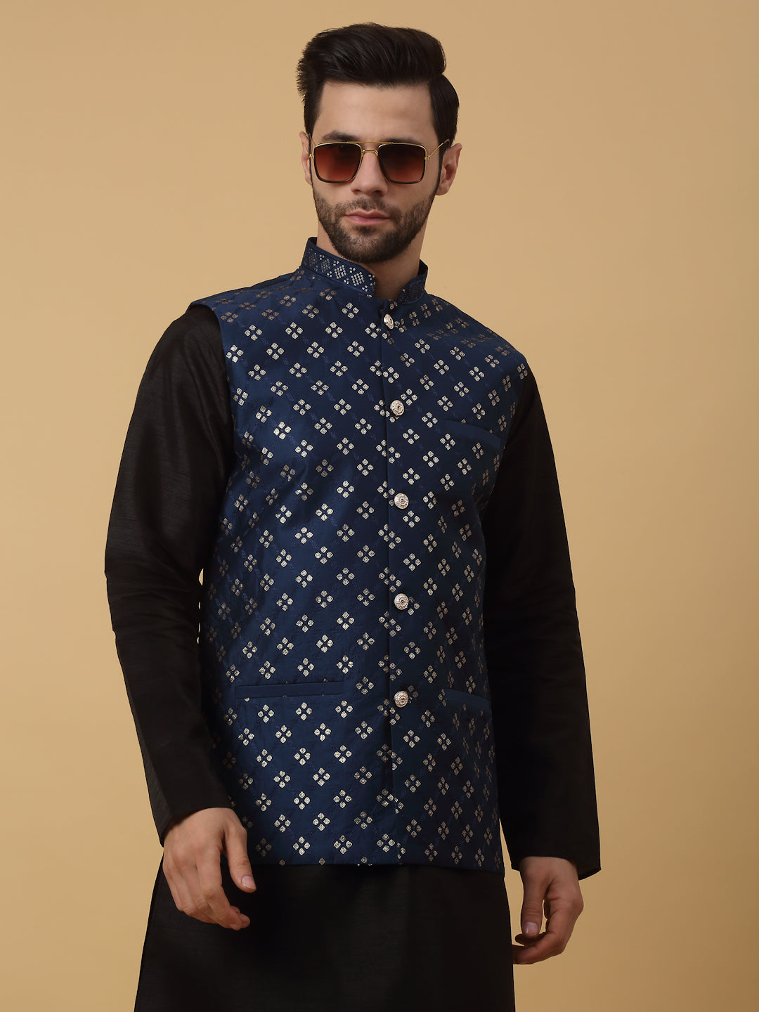 KRAFT INDIA Men's Cotton Silk Sequenced Sleeveless Embroided Floral Nehru Jacket