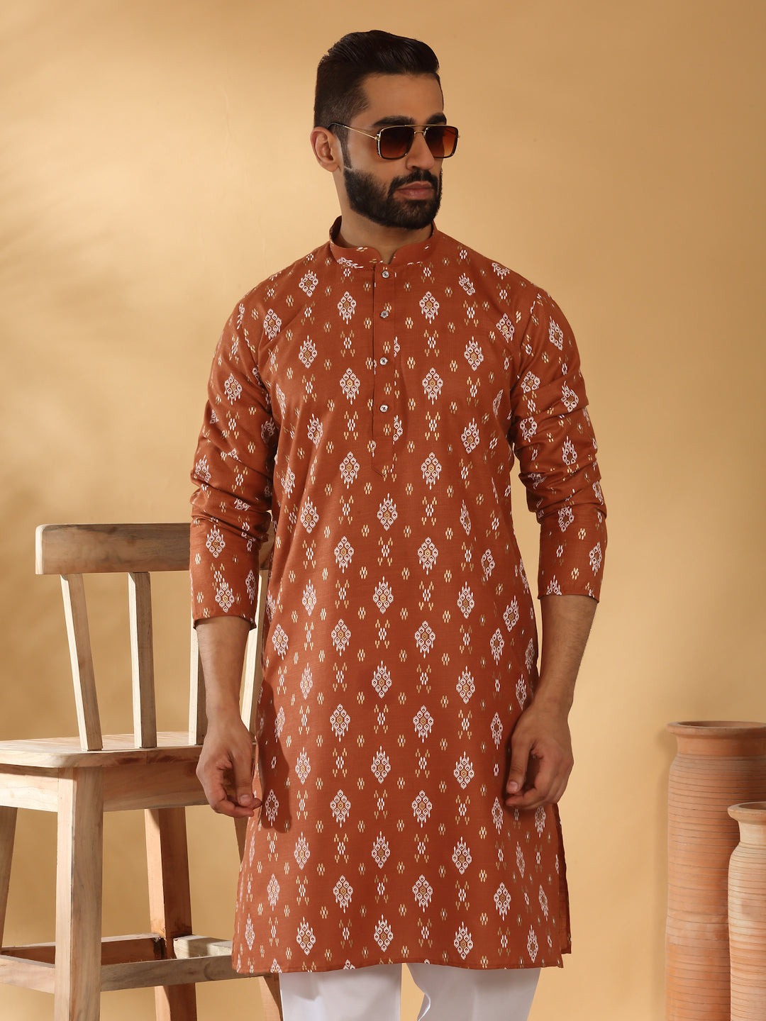 Cotton Blend Geometric Printed Straight Long Regular Kurta