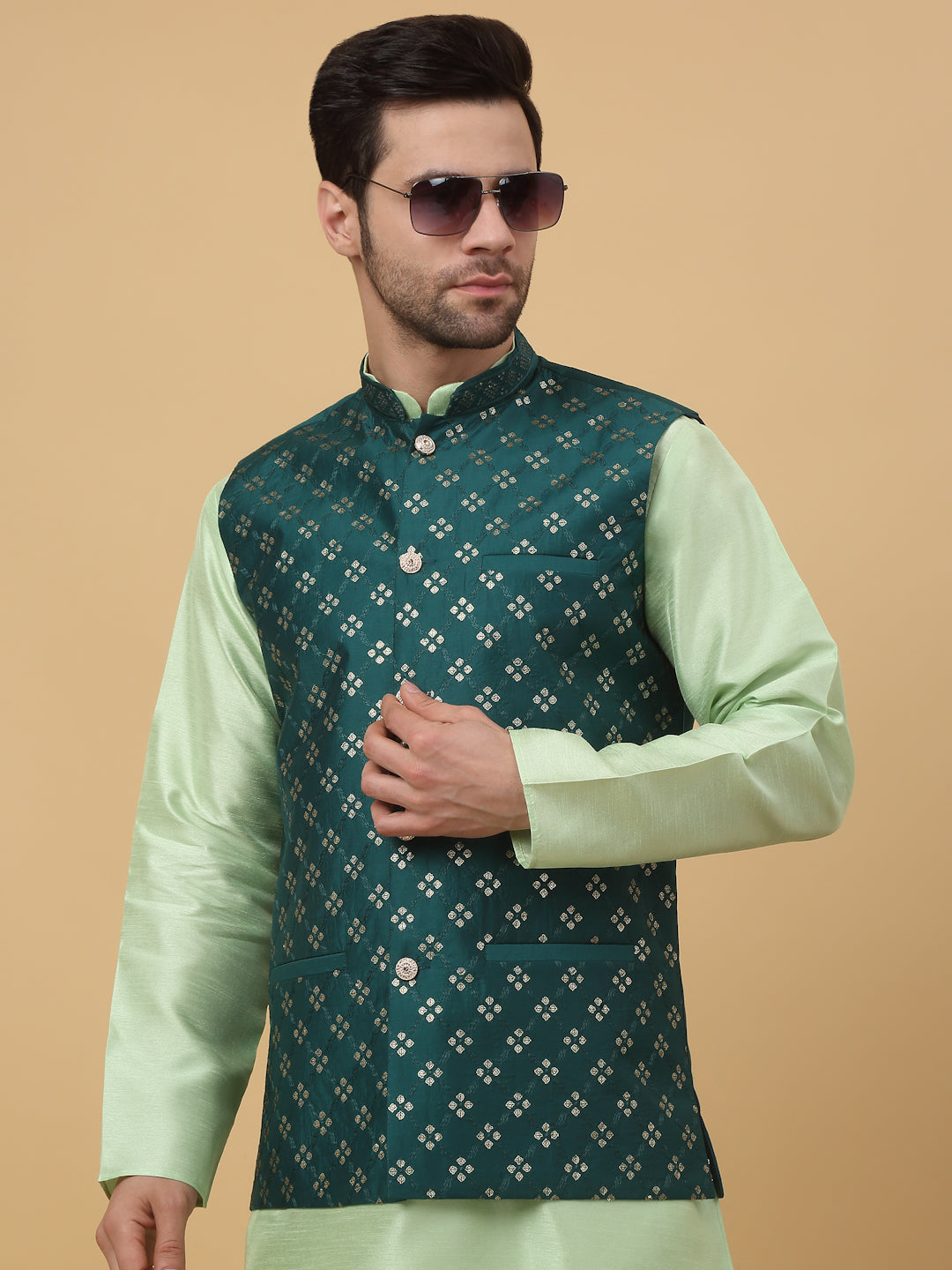 KRAFT INDIA Men's Cotton Silk Sequenced Sleeveless Embroided Floral Nehru Jacket